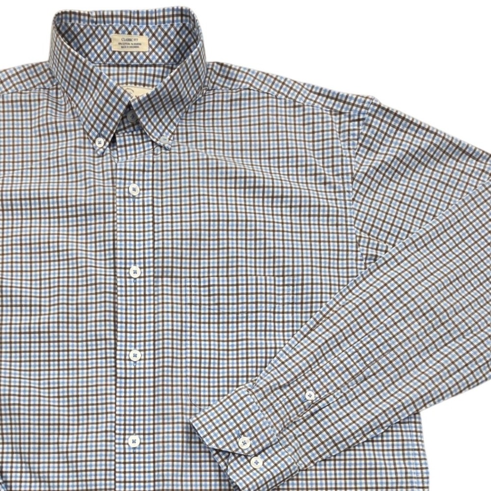 Onward Reserve Stretch Tattersall Button-Down Sport Shirt Blue Brown Mens Medium